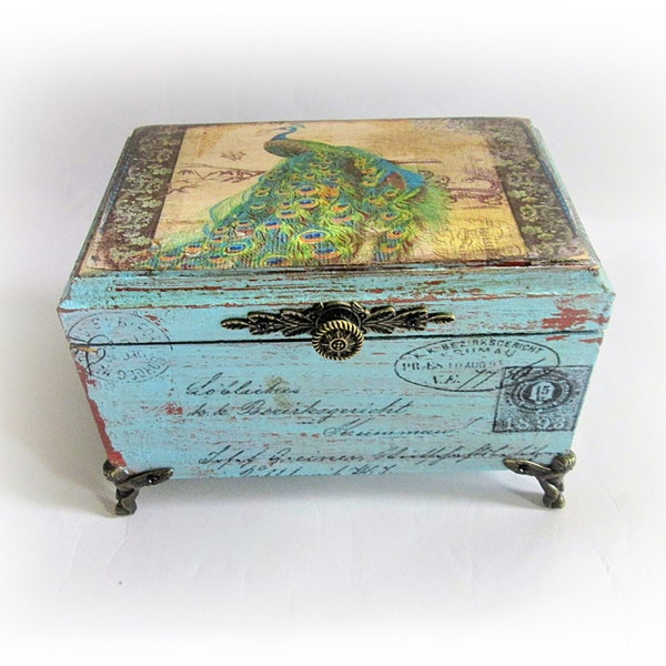 Peacock Jewelry Box Stamps Box Peacock Decor Turquoise Box Trinket Box