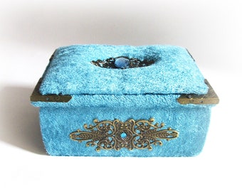 Turquoise Velvet Box Victorian Jewelry Box Ring Earring Box Enagement Box