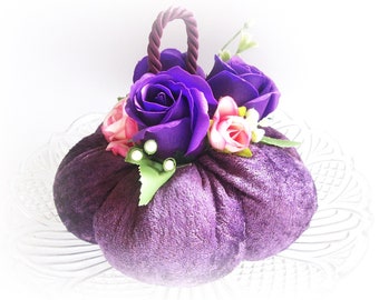 Purple Velvet Pumpkin Thanksgiving Dekor Tablescape Decor Farmhouse Decor Tiered Tray Decor Wedding Decor