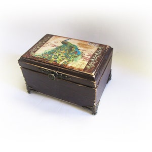 Pfau Box Schmuckbox Shabby Chic Box Pfau Geschenk Schmuckschatulle Decoupage Box Braun