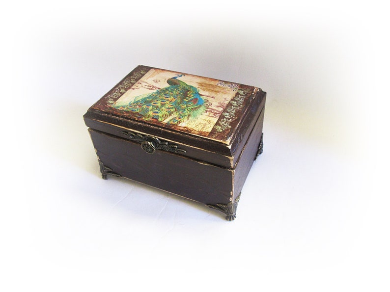 Pfau Box Schmuckbox Shabby Chic Box Pfau Geschenk Schmuckschatulle Decoupage Box Braun