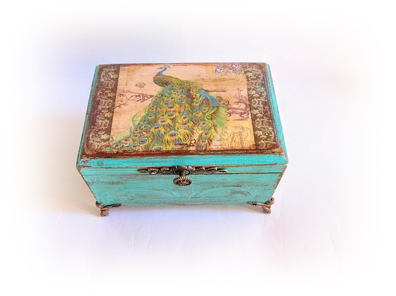 Peacock Box Jewelry Box Shabby chic Box Peacock Gift Trinket Decoupage Box Green