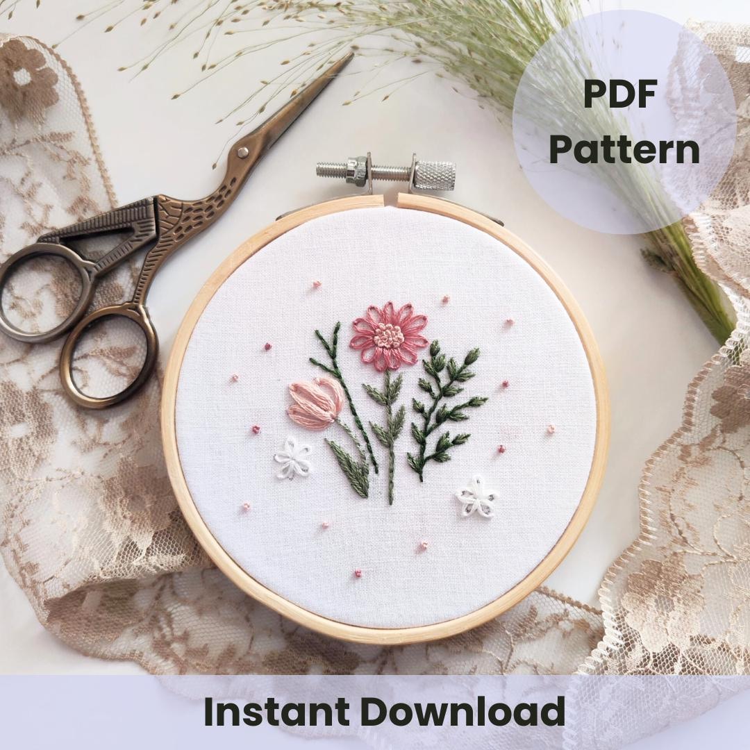 Seasonal Flowers Embroidery Pattern: Beginner Floral Design (PDF ...