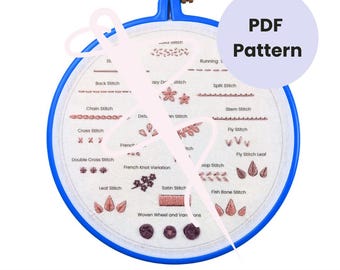 May include: A blue embroidery hoop holds a white fabric with various embroidery stitch examples in brown thread. The text "PDF Pattern" is in a purple circle. The words "Instant Download" are at the bottom.