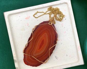 Orange brown agate necklace, gemstone necklace, agate necklace, chunky necklace, statement, wire wrapped necklace, gold agate necklace, boho