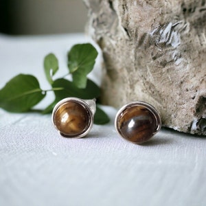 Tiger&#39;s eye earrings studs, gemstone earrings, stud earrings, wire wrapped stud earrings, gemstone studs, brown earrings, silver earrings