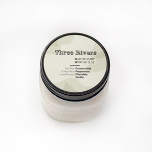 Three Rivers || Geur sojakaars || || Californië Chocolade || Mint || Citronella || Handgemaakte || Handgepoureerde || Mason Jar Kaars