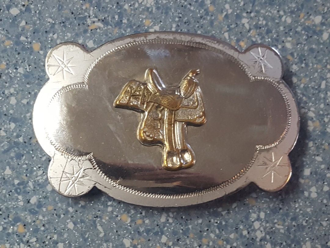 Nickel Silver Belt Buckle Cowboy Western Gold Saddle Rare Marked Etsy