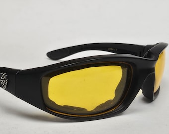 Chopper schwarz gepolsterte Motorradbrille Shield Wrap Sonnenbrille seltene Cross Yellow Night Lens kostenloser Versand