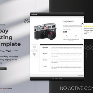 Puede incluir: Una cámara negra y plateada con una lente roja. La cámara está sobre un fondo blanco. El texto "MS" es visible en la cámara. El texto "Product title goes here" es visible sobre la cámara. El texto "3,99 €" es visible debajo de la cámara. El texto "Nice Product, Great Customer support. would buy from again" es visible en un bocadillo de diálogo.