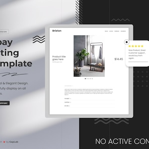 Puede incluir: Una maqueta de página web blanca con un fondo negro. La página web es para una tienda online y presenta una ficha de producto para un perchero de metal negro. El producto se muestra en una foto en el lado izquierdo de la página. El título del producto es "Product title goes here". El precio es de 14,45 €. La página también incluye una reseña de cliente con cinco estrellas y el texto "Nice Product, Great Customer support, would buy from again". La página se titula "Brixton" e incluye el texto "2022 VERSION" y "ebay listing template".