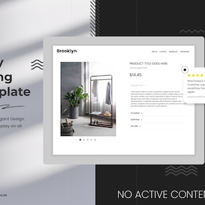 May include: A minimalist eBay listing template with a product image of a black metal clothing rack with a wooden shelf. The product is priced at $14.45. The template features a clean design with a white background and black text. The text "PRODUCT TITLE GOES HERE" is displayed above the product image. The template also includes a customer review with five stars and the text "Nice Product, Great Customer support, would buy from again."