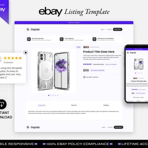 Peut inclure: Une maquette de modèle de liste eBay pour une coque de téléphone. Le modèle présente une coque de téléphone blanche et violette avec un motif floral. La liste comprend un titre de produit, un prix et des avis clients. Le modèle est responsive et conforme à 100% aux politiques eBay.