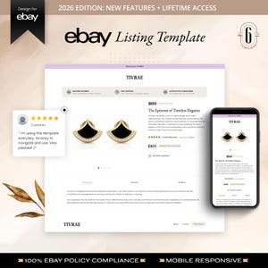 May include: An eBay listing template design, showing a website and a smartphone displaying a jewelry listing. The website showcases earrings with black and gold accents. The design includes customer reviews and the text "2026 EDITION: NEW FEATURES + LIFETIME ACCESS."