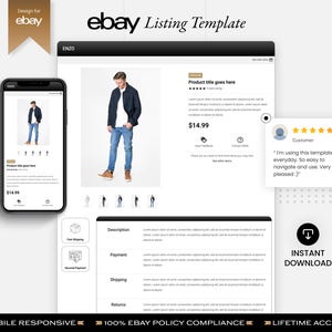 Puede incluir: Una maqueta de una plantilla de listado de eBay con un diseño en blanco y negro. La plantilla presenta una imagen de producto, un título de producto, un precio, una descripción y una reseña de un cliente. La plantilla es responsive para dispositivos móviles e incluye un botón de descarga.