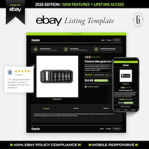 May include: A black and green eBay listing template with the text "ebay Listing Template" and "2026 EDITION: NEW FEATURES + LIFETIME ACCESS". The template includes a product display, customer reviews, and a mobile view.
