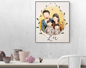 Family Watercolour Portrait, Hand-painted Family Portrait, Custom Painting Gift, Mother's Day Gift, Father's Day Gift