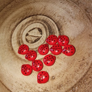 Peut inclure: Un ensemble de boutons en bois de forme de coccinelle rouge avec des points noirs. Les boutons sont disposés en grappe sur une surface en bois.