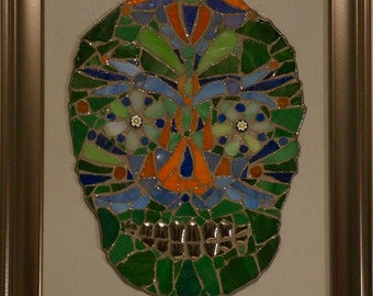 Sugar Skull, Day of the Dead Framed Mosaic - Blues/Greens/Orange/Silver