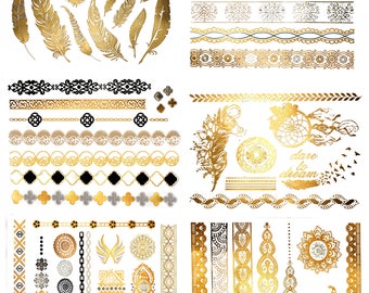 75+ Temporary Jewelry Tattoos Metallic Tattoos in Gold Black Silver, Feather Tattoos Tribal Elephant Henna Boho Mandala