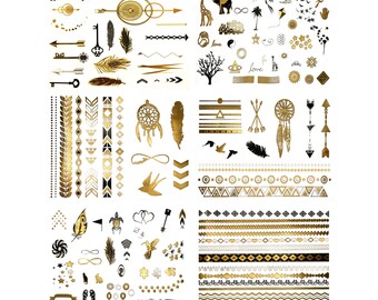 125+ Metallic Temporary Tattoos Minimalist Tattoo Small Shimmer Jewelry Inspired Boho Designs in Gold Black Silver (Addison)