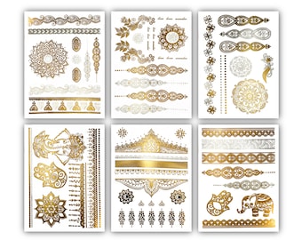 75+ Metallic Henna Temporary Tattoos Festival Mandala Boho Tribal Foil Shimmer Tattoo Jewelry Gold Silver