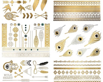 75+ Metallic Tattoos Gold Silver Shimmer Temporary Fake Jewelry Designs Tribal Dreamcatcher Arrows Feathers (Delila)