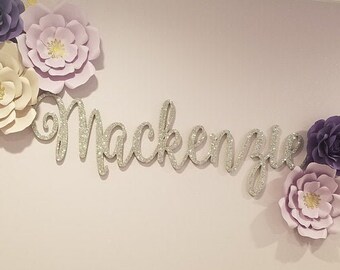 Name Sign for Nursery Girl - Silver Glitter Name Cutout - Baby Wooden Name Sign - Nursery Decor Name Sign - Mackenzie name - Sophia Name