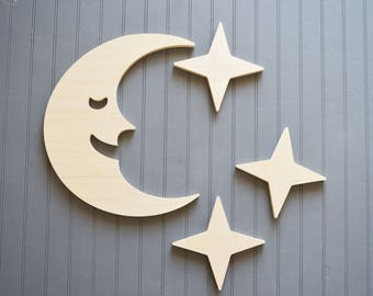 Moon and Stars, Wooden Moon and Stars, Nursery Wall Art, Wall Hanging, Wood Cut Outs, Baby Room Decor
