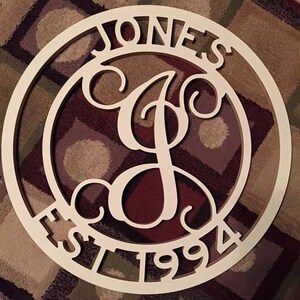 May include: A white wooden round sign with the text "Jones Est 1994" and a decorative script letter "J" in the center.