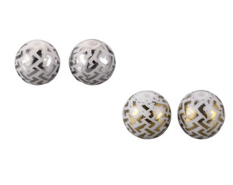 2x round glass beads 10 mm white with geometric design selection