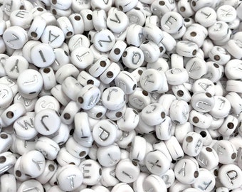 100x perles lettres mélange 7 mm blanc-argent pour bracelets nominatifs, bracelets avec texte