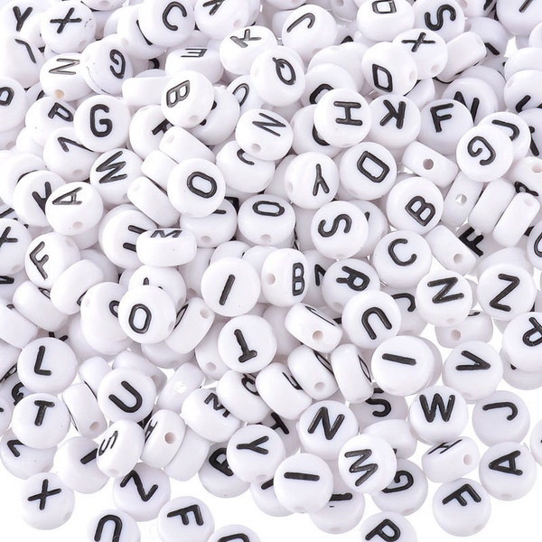 EINZELN oder gemischt: A-Z Buchstaben Alphabet Buchstabenperlen 7mm Acrylperlen mit Buchstaben weiß schwarz