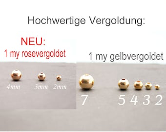 925 gratfreie glatte Silberperlen 1my vergoldet oder rosevergoldet Made in EU, Recyclingsilber, Größenauswahl