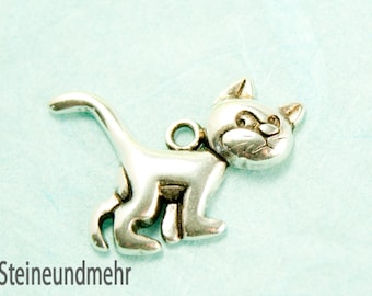 Anhänger Katze 30mm Metall  Silber antik  Tier #3444