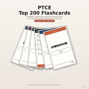 May include: A set of PTCE Top 200 Flashcards for pharmacy technician study. The cards are arranged in a fan shape, featuring white backgrounds with colored headers. One card displays the text ATORVASTATIN, Lipitor, and CARDIOVASCULAR in bold black.