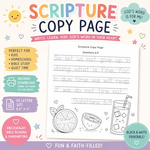 May include: A Scripture Copy Page worksheet featuring Galatians 6:9 in dotted lines for handwriting practice. The page includes illustrations of a sliced orange, a lemon half, and a glass of lemonade with a straw. It is US Letter size 8.5" x 11".
