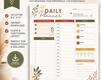 Daily Planner PDF, US Letter, Productivity & Wellness (Digital Download)