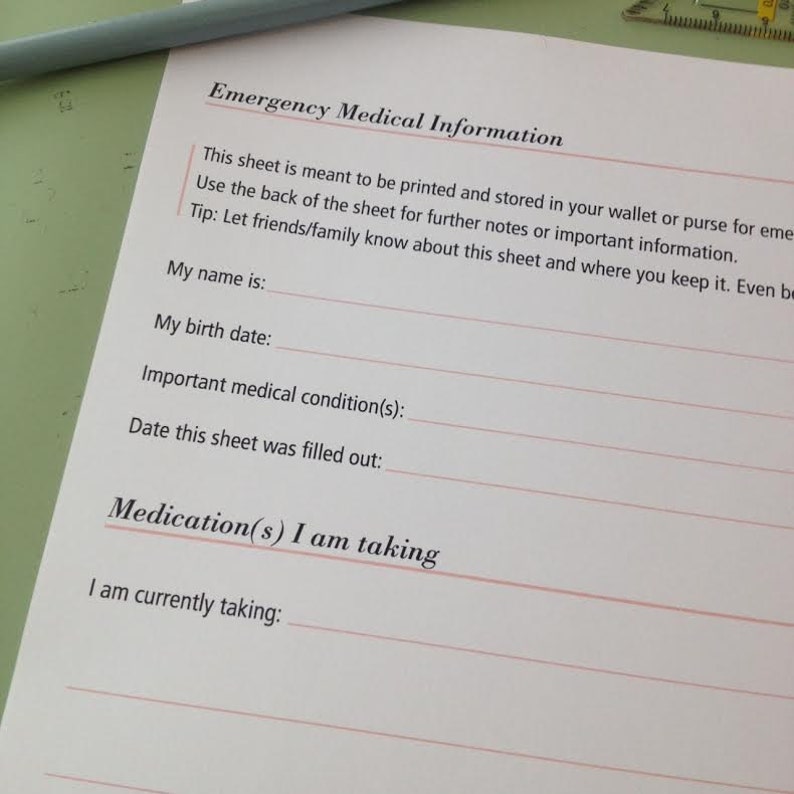 Printable : Emergency Medical Information Sheet - Etsy