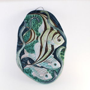 Irma Yourstone - Beautiful stoneware wall hanging with fish  - Made in Sweden in 1950.