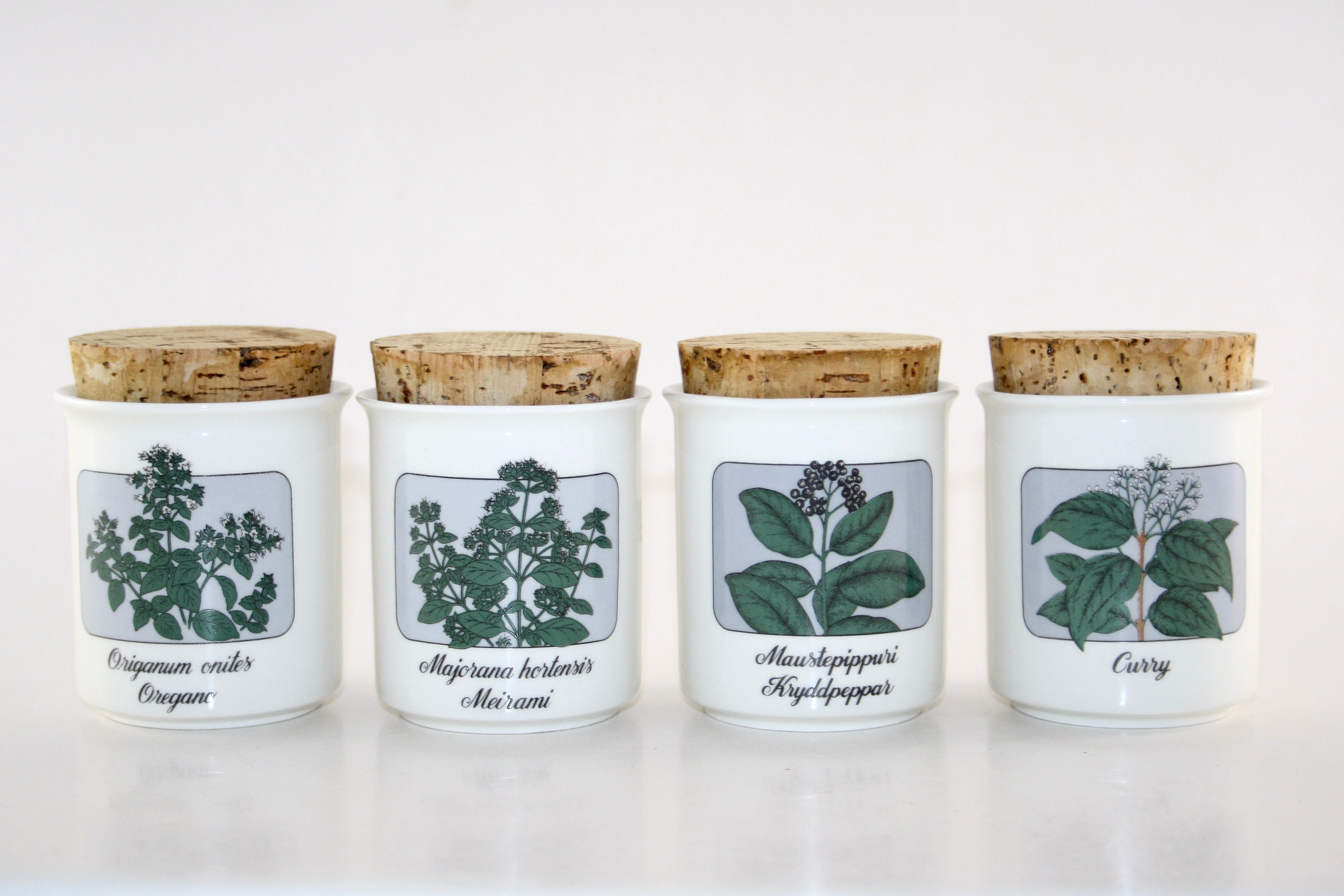 l'arabie de finlande - 4 beaux pots à épices avec bouchon en liège d'origine fabriqué 1980.