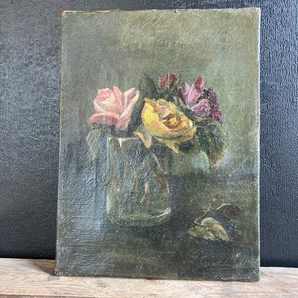 jolie ancienne peinture à l’huile nature morte de fleurs, roses dans un vase manière ancienne des maîtres hollandais botanique victorienne