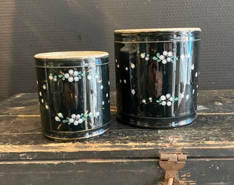 Set de 2 adorables anciens pots à épices français céramique victorienne noire cache-pot vase shabby chic romantique cottage campagnard
