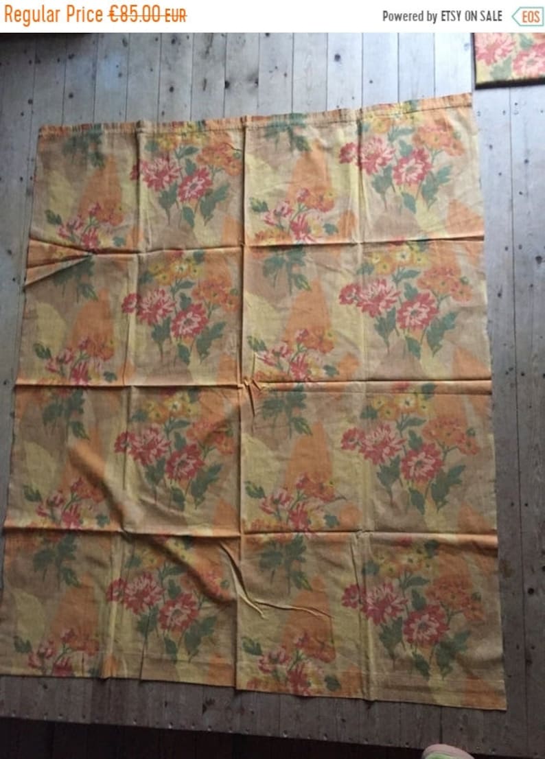 vintage fabric panel colourful Art Deco period printed textile linen curtain supply sewing projects interbellum floral pattern