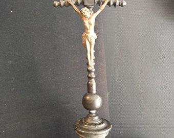 Antique crucifix Jesus Christ cross Belgian Victorian turned wood unusual design country farmhouse religious domestic altar romantic home