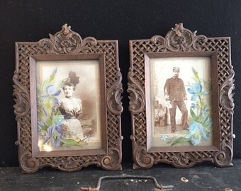 Pair antique hand carved wooden frame with hand painted glass & original Victorian sepia picture portrait romantic French couple Paris