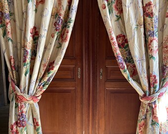 Pair vintage curtain with assorted tie-back romantic antique English country house shabby chic garden flower bouquet ribbon bow Scotch Guard