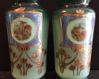 Pair antique opaline vase French or Belgian bourgeoise home victorian cristal fine interior design Art Nouveau Liberty Jugendstijl