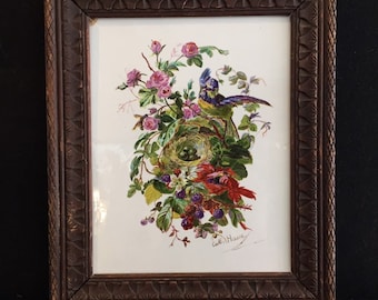 Antique painting on porcelain Victorian romantic still life with flowers birds nest colorful Spring garden flower bourgeoise home clearance