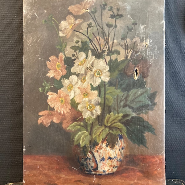 Antique nature morte jardin fleur bouquet peinture toile shabby chic timeworn romantique pays boho intérieur boho style Français brocante